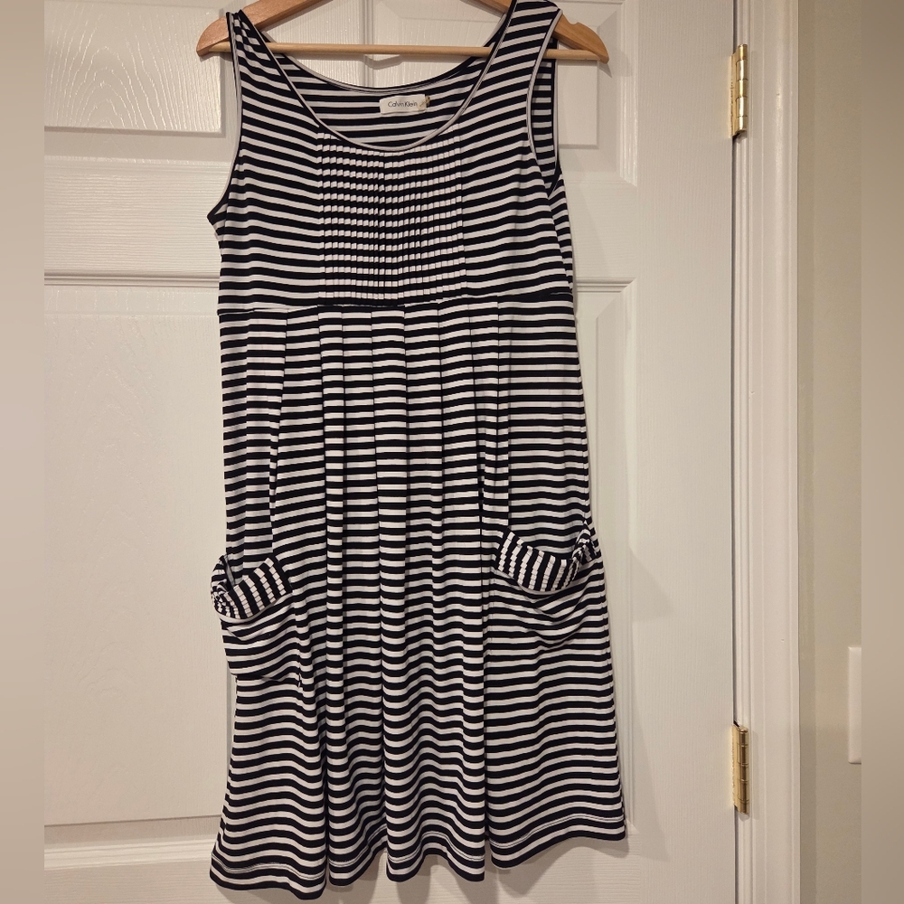 Calvin Klein Black and White Striped Sleeveless Dress